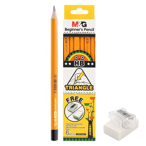 Tužka grafitová M&G Jumbo/tříhranná HB - sada 6 ks + guma a ořezávátko