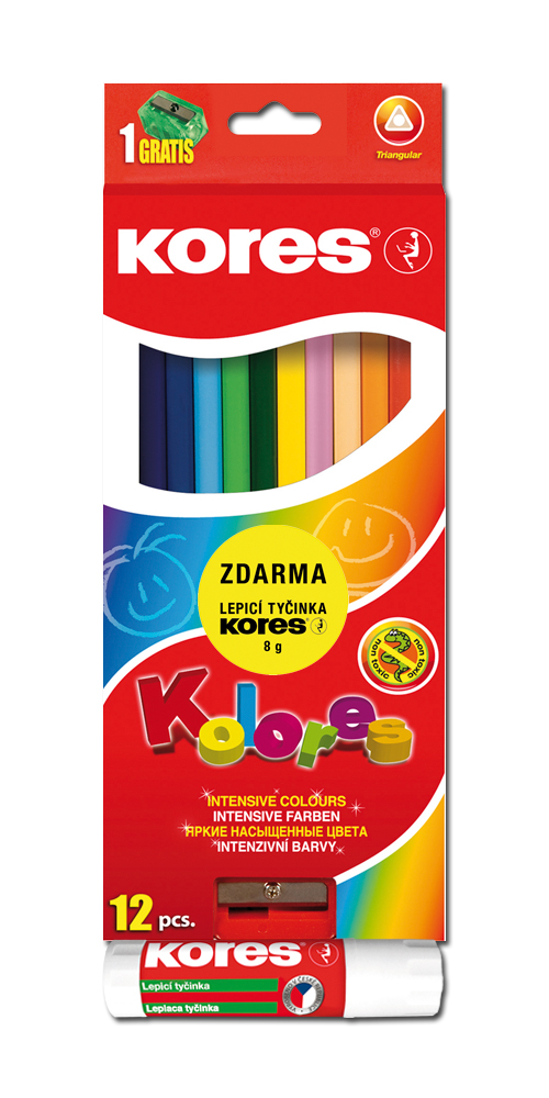 Pastelky Kores Kolores trojhranné 12ks + ořezávátko + 8g lepidlo