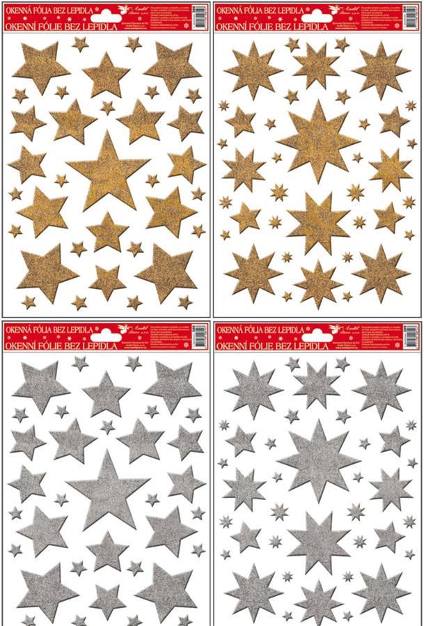 Okenní fólie hvězdy zlaté, stříbrné glitry 389, 30x20cm Okenní fólie: 2. OSMICÍPÁ HVĚZDA ZLATA