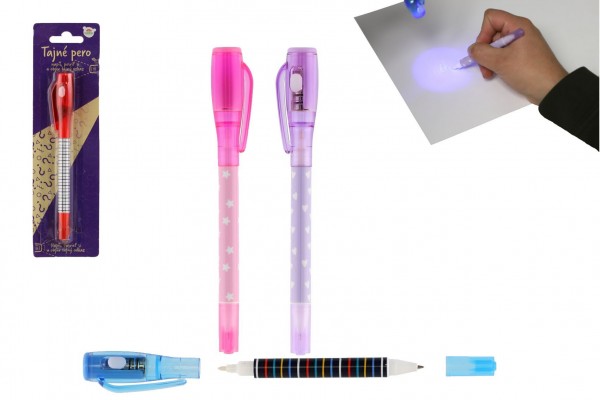 Tajné pero s neviditelným inkoustem a ÚV světlem + propiska plast 15cm na baterie