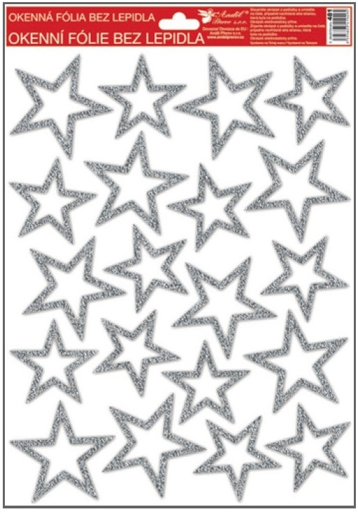 Okenní fólie s glitrem stříbrné,zlaté,bílé hvězdy 481 , 37x26 cm Typ: 2