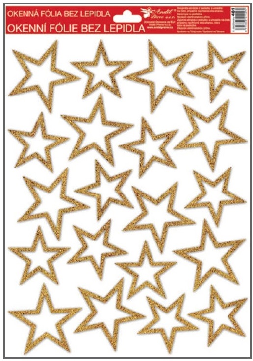 Okenní fólie s glitrem stříbrné,zlaté,bílé hvězdy 481 , 37x26 cm Typ: 3