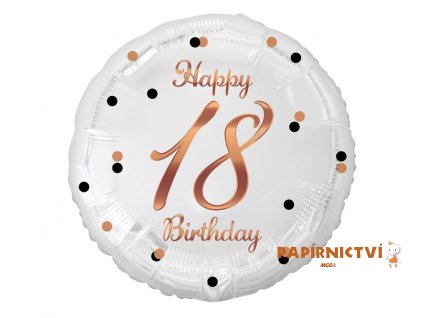 B&C Happy 18 Birthday fóliový balónek, bílý, potisk z růžového zlata, 18