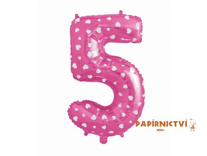 Foliový balónek "Číslo 5", růžový se srdíčky, 61 cm KK