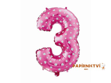 Foliový balónek "Číslo 3", růžový se srdíčky, 61 cm KK