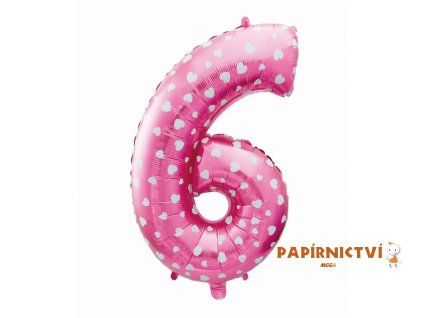 Fóliový balónek "Číslo 6", růžový se srdíčky, 61 cm KK