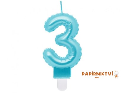 Svíčka číslo 3, perleťová světle modrá, 7 cm