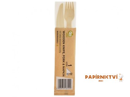 Eco kolekce - nůž a vidlička (dřevěná) s ubrouskem, 1 sada