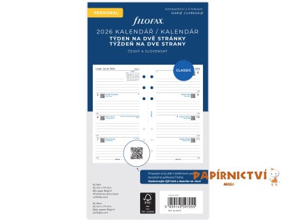 Filofax, kalendář 2026 osobní, týden/ 2 strana, linky, ČJ+SJ