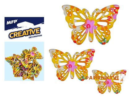 Dekorace motýl žlutý 12ks -5,4,3cm 2221445