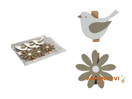 Kolíčky pták+kytka 6ks/3,5-4,5cm dřevo 2221610