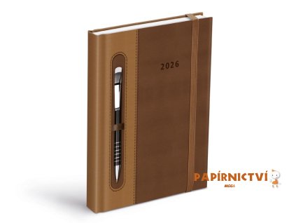Diář 2026 D801 PU dark brown/beige - na propisku s gumkou 7781456