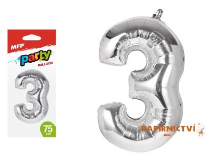 Balónek č. 3 nafukovací fóliový 75 cm - stříbrný 8000164