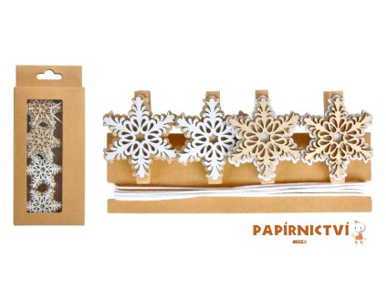 Kolíčky vločky dřevo 4ks 4cm + šnůrka 8886120