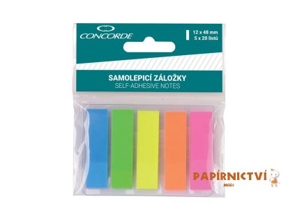 Samolepicí záložky CONCORDE 12 x 48mm, 5 x 20 listů, plastové, závěs, neon barev