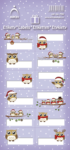 Vánoční etikety na dárky - sovy dekor 706