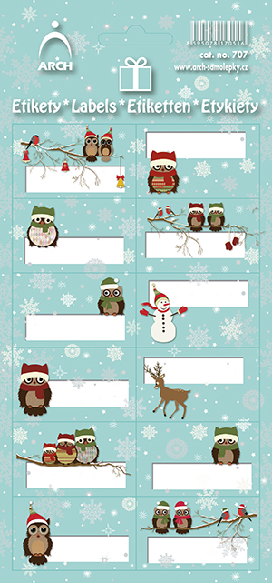 Vánoční etikety na dárky - Sovy s vločkama 707