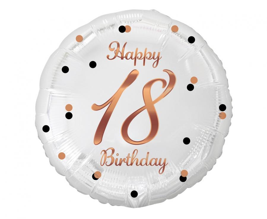Fotografie B&C Happy 18 Birthday fóliový balónek, bílý, potisk z růžového zlata, 18