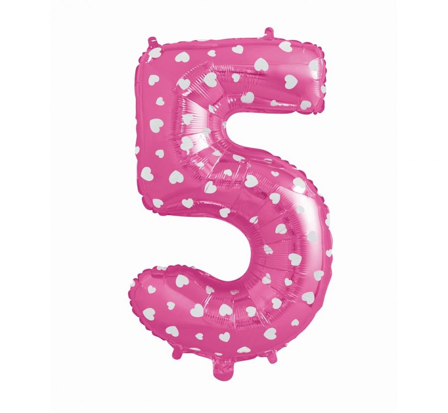 Foliový balónek "Číslo 5", růžový se srdíčky, 61 cm KK