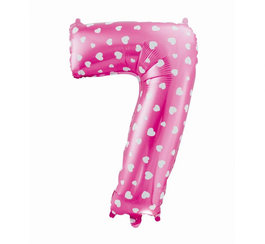Foliový balónek "Číslo 7", růžový se srdíčky, 61 cm KK