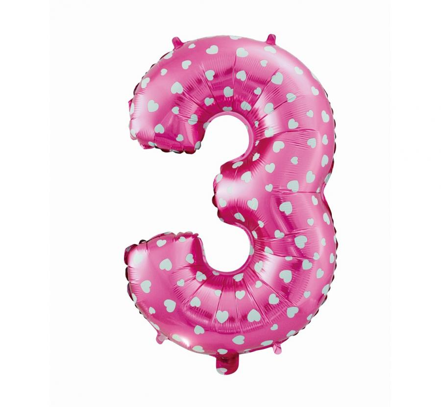 Fotografie Foliový balónek "Číslo 3", růžový se srdíčky, 61 cm KK