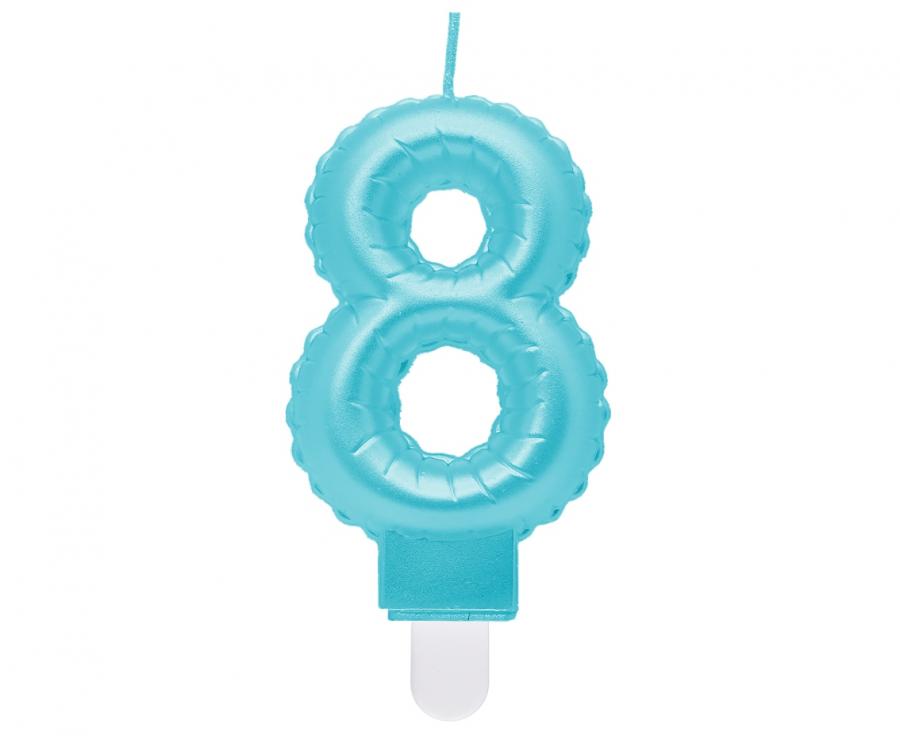 Svíčka číslo 8, perleťová světle modrá, 7 cm