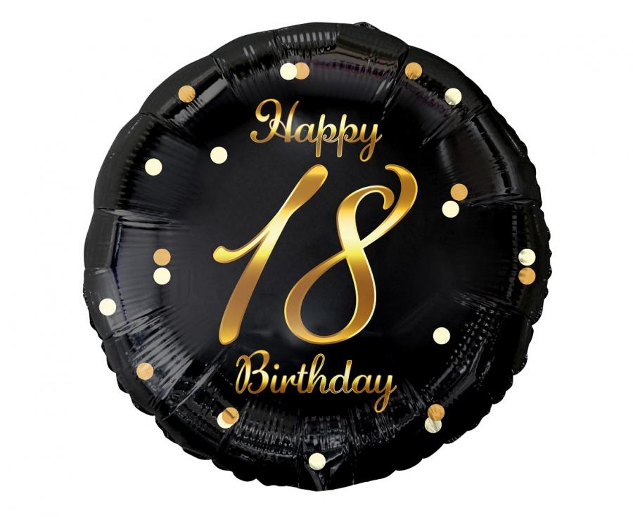 B&C Happy 18 Birthday fóliový balónek, černý, zlatý potisk, 18"