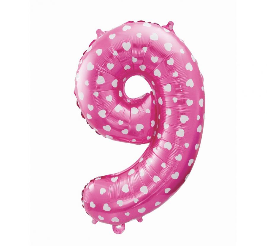 Foliový balónek "Číslo 9", růžový se srdíčky, 61 cm KK