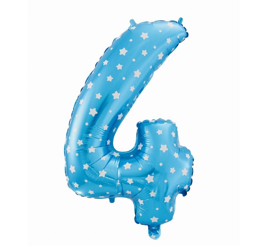 Foliový balónek "Číslo 4", modrý s hvězdičkami, 61 cm KK