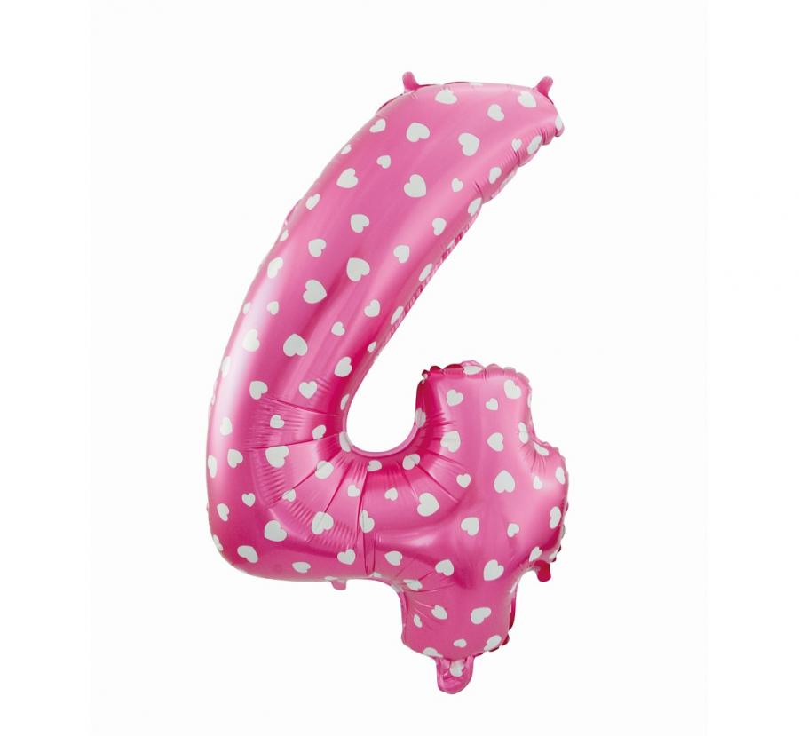 Fóliový balónek "Číslo 4", růžový se srdíčky, 61 cm KK