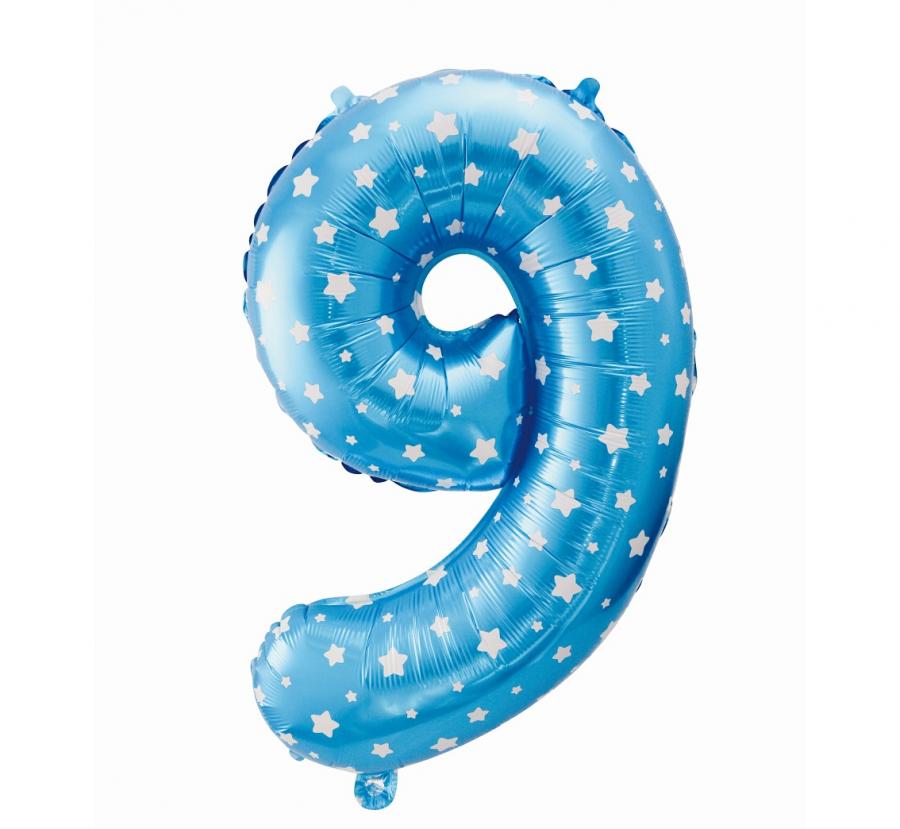 Foliový balónek "Číslo 9", modrý s hvězdičkami, 61 cm KK