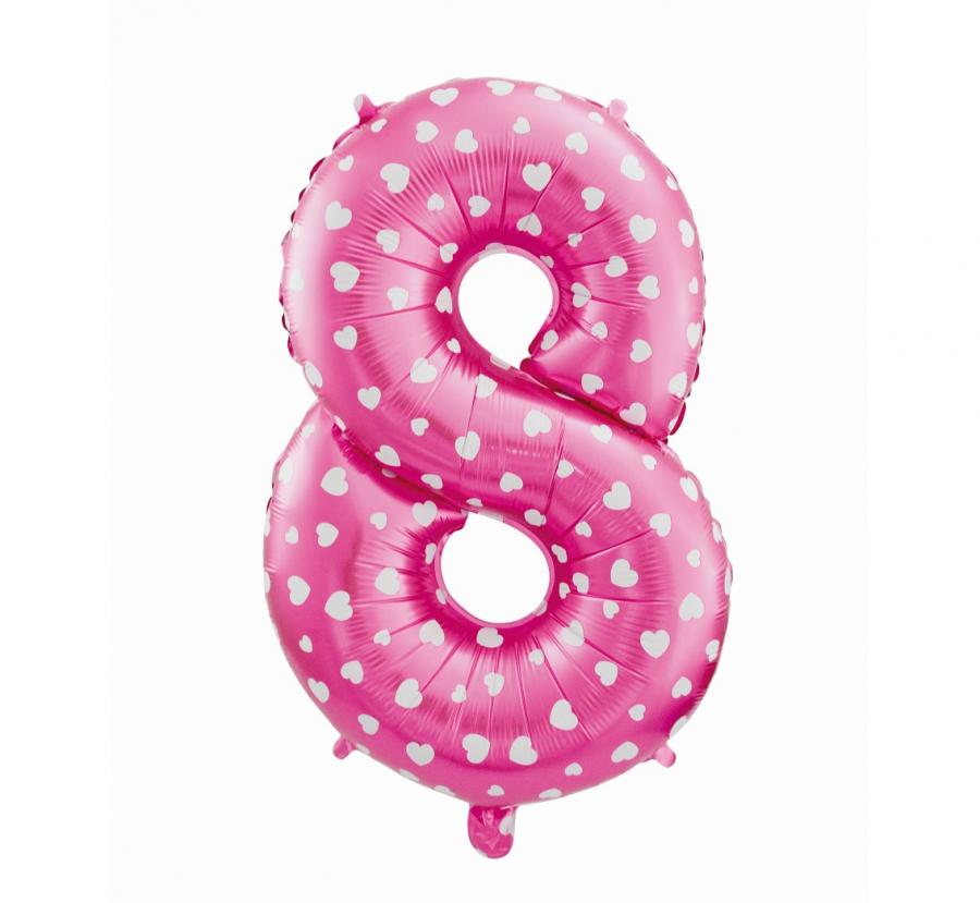 Foliový balónek "Číslo 8", růžový se srdíčky, 61 cm KK