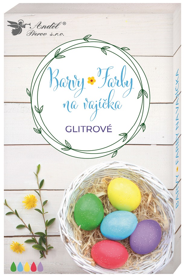 Fotografie Barvy na vajíčka gelové glitrové, 5 ks, rukavice