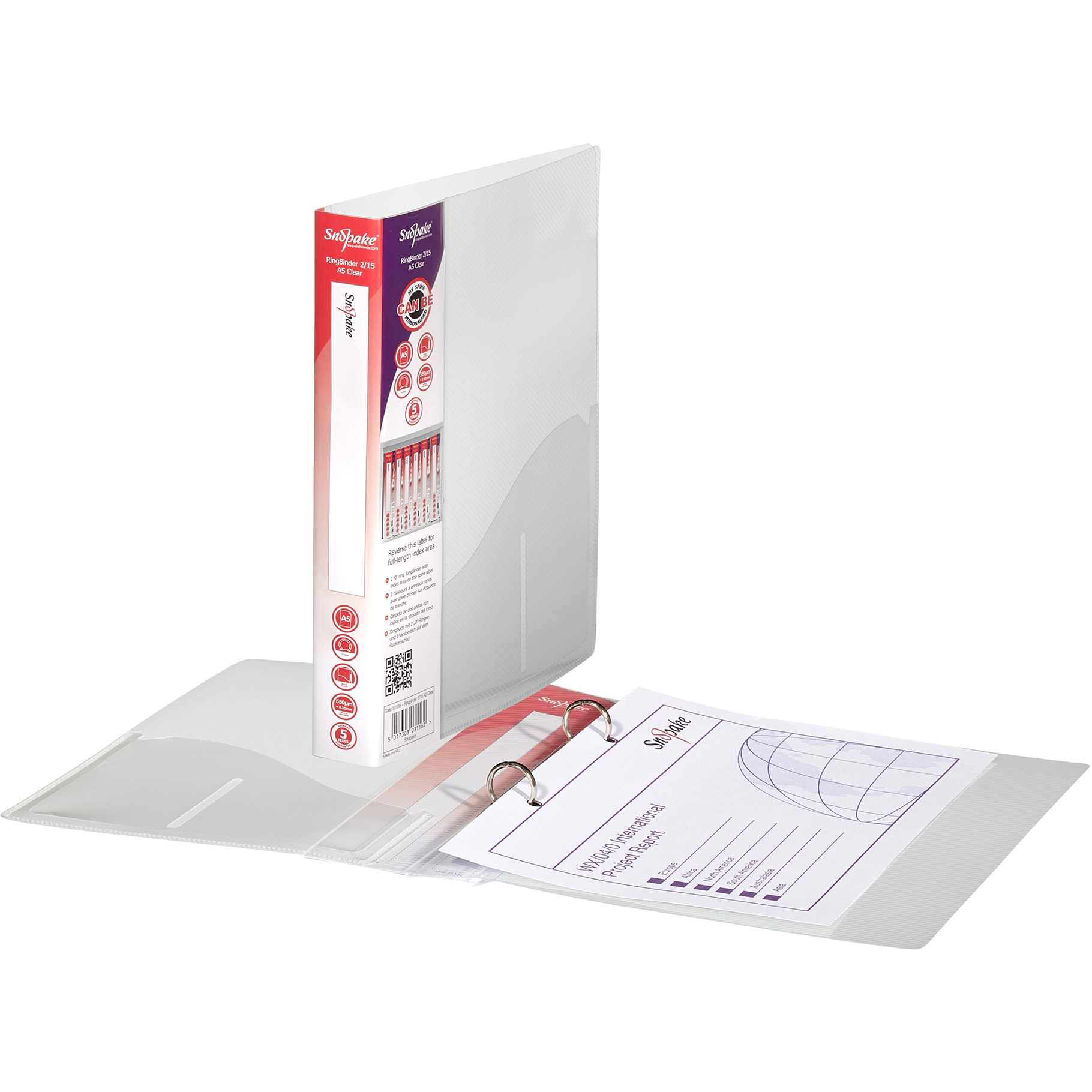 Fotografie SNOPAKE, Pořadač, 2 kroužkový, PP, A5, 1.5 cm, "O" kroužky, transparentní bílý