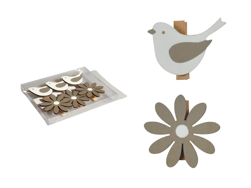 Kolíčky pták+kytka 6ks/3,5-4,5cm dřevo 2221610
