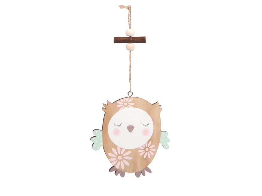 Záves dřevo sova 10cm natur zavřené oči 2221731