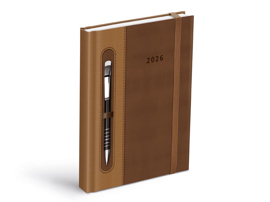 Diář 2026 D801 PU dark brown/beige - na propisku s gumkou 7781456