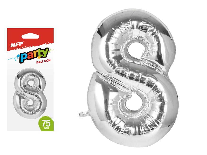 Balónek č. 8 nafukovací fóliový 75 cm - stříbrný 8000169