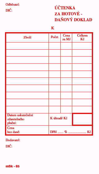 Účtenka za hotové - daňový doklad NCR/65