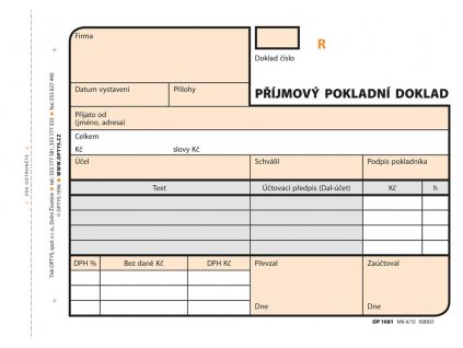 Příjmový pokladní doklad Optys - A6 / číslovaný 2 x 50 listů NCR / 1081