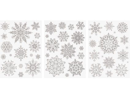 Samolepky na okna a dveře, Sněhové vločky, stříbrné, 3 archy