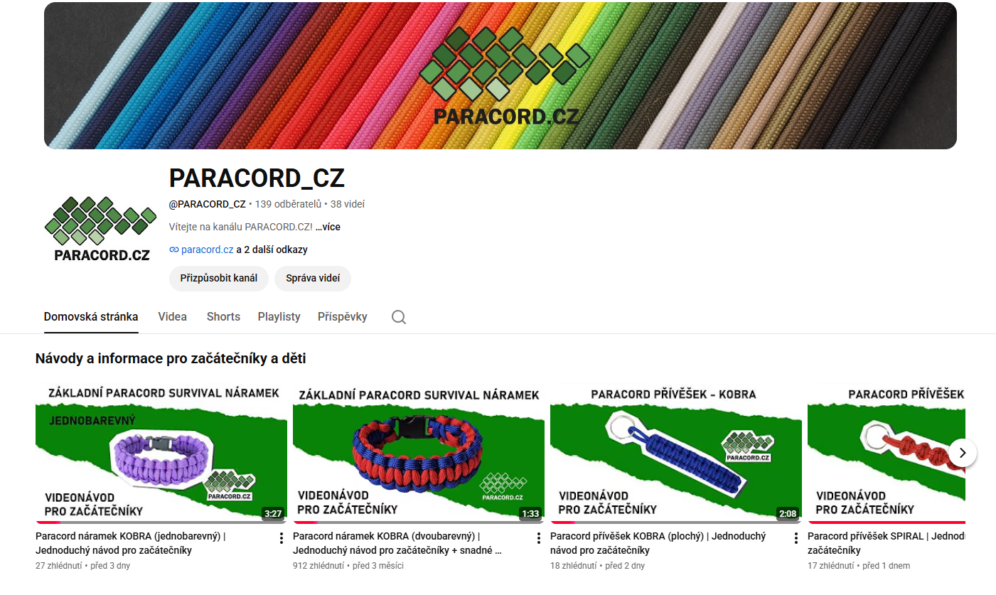 YouTube kanál PARACORD.cz s videonávody na tvoření z paracordu