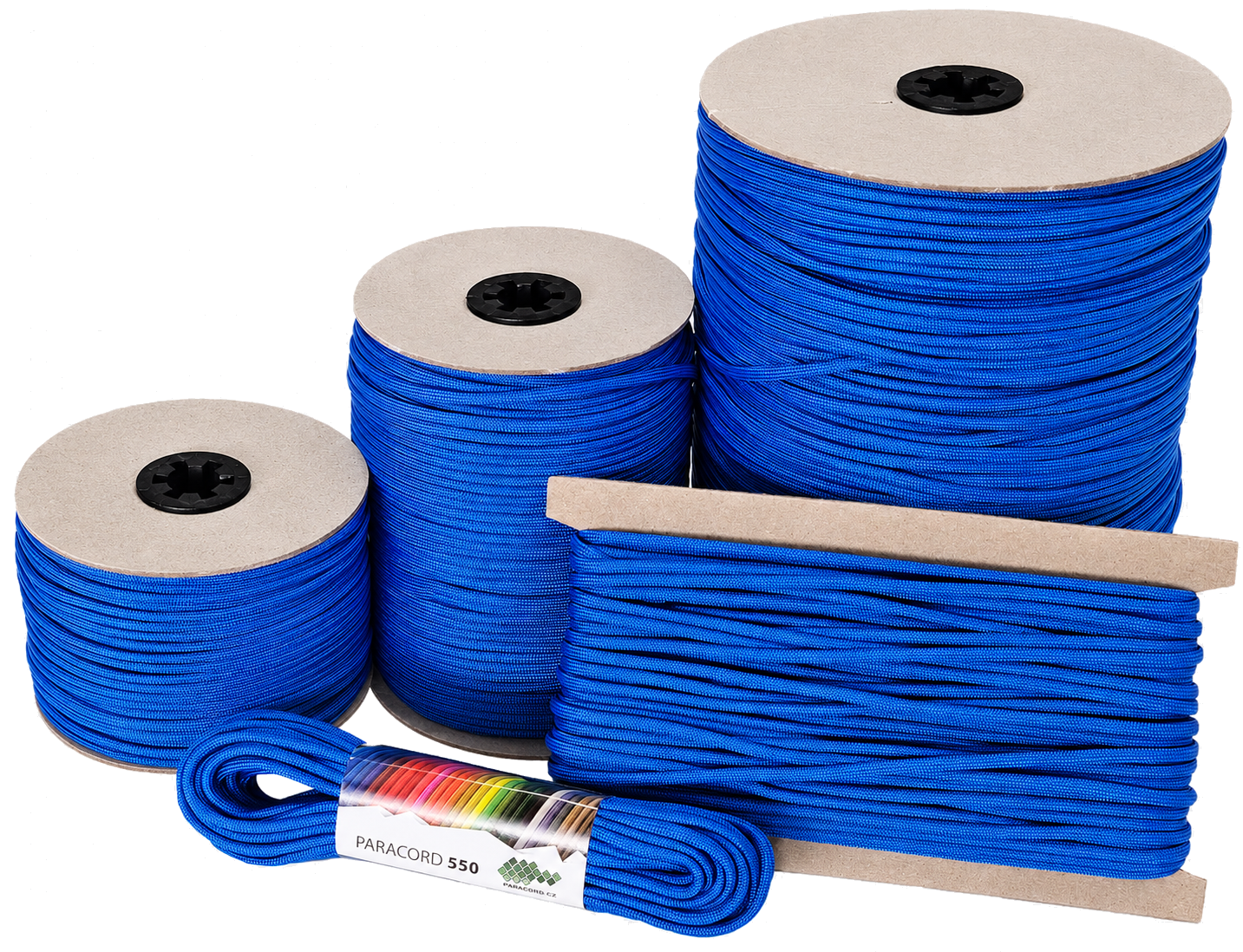 Velikost balení paracord 550. Metráž, svazky, karty a špulky paracordu.