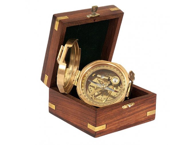 Kompas mosazný v dřevěné krabičce
