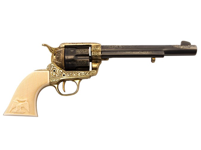 Replika revolver Colt Cavalry, černý, mosaz, rytina, kost, USA 1873