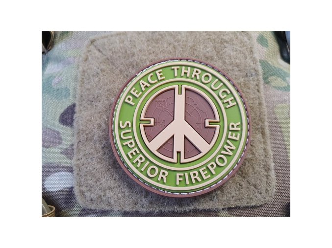 Nášivka PEACE THROUGH SUPERIOR FIREPOWER plast velcro MULTICAM