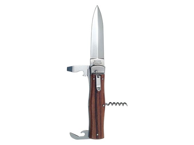 Nůž vyhazovací s dřevěnou střenkou s otvíráky a vývrtkou