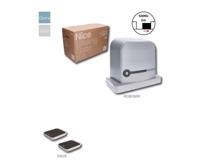 Sada pro posuvnou bránu do 600kg, 1x ROBO600R10 (230V, 300W, 600N), s zabudovanou řídící jednotkou, se zabudovaným přijímačem, 2x ON2E