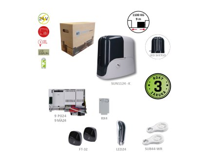 SUNKIT120 pro posuvnou bránu do 1100 kg 1x SUN11024 24 V, 450 W, 50Nm, 1x 14A, 1x RX4, 1x FT32, 2x SUB-44WR a 1x LED24