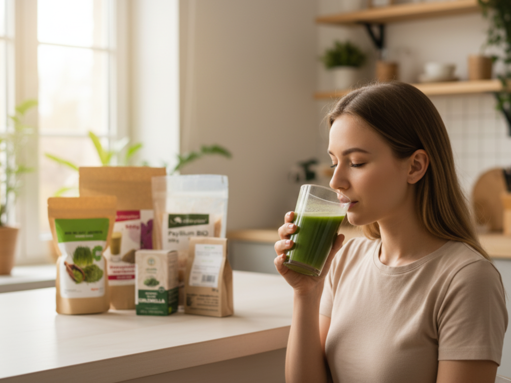 Green Week - balíček produktů na přírodním pozadí, aranžmá s listy a jemným podzimním nádechem